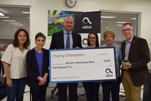 Altice presented a $1000 award to Warwick Valley Empty Bowls 2018 through its "Charity Champions" program. From left: Shari Blauner, WVHS art teacher & Empty Bowls Club advisor; Louise Hutchison, WVCSD Communications and WV Empty Bowls Coordinator; John Dullaghan, Altice Director, Government Affairs; Gina Buffardi, WVHS teacher and Empty Bowls Club advisor; Shirley Puett, Director of Warwick Backpack Snack Attack, and Michael Sweeton, Warwick Town Supervisor